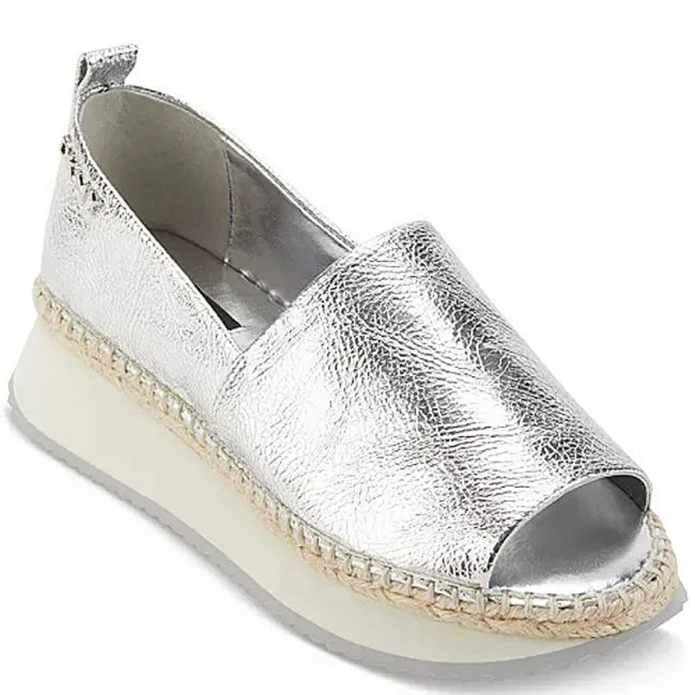 New w/o Box DKNY Orza Silver Metallic Open Toe Espadrille Platform Wedge Size 10